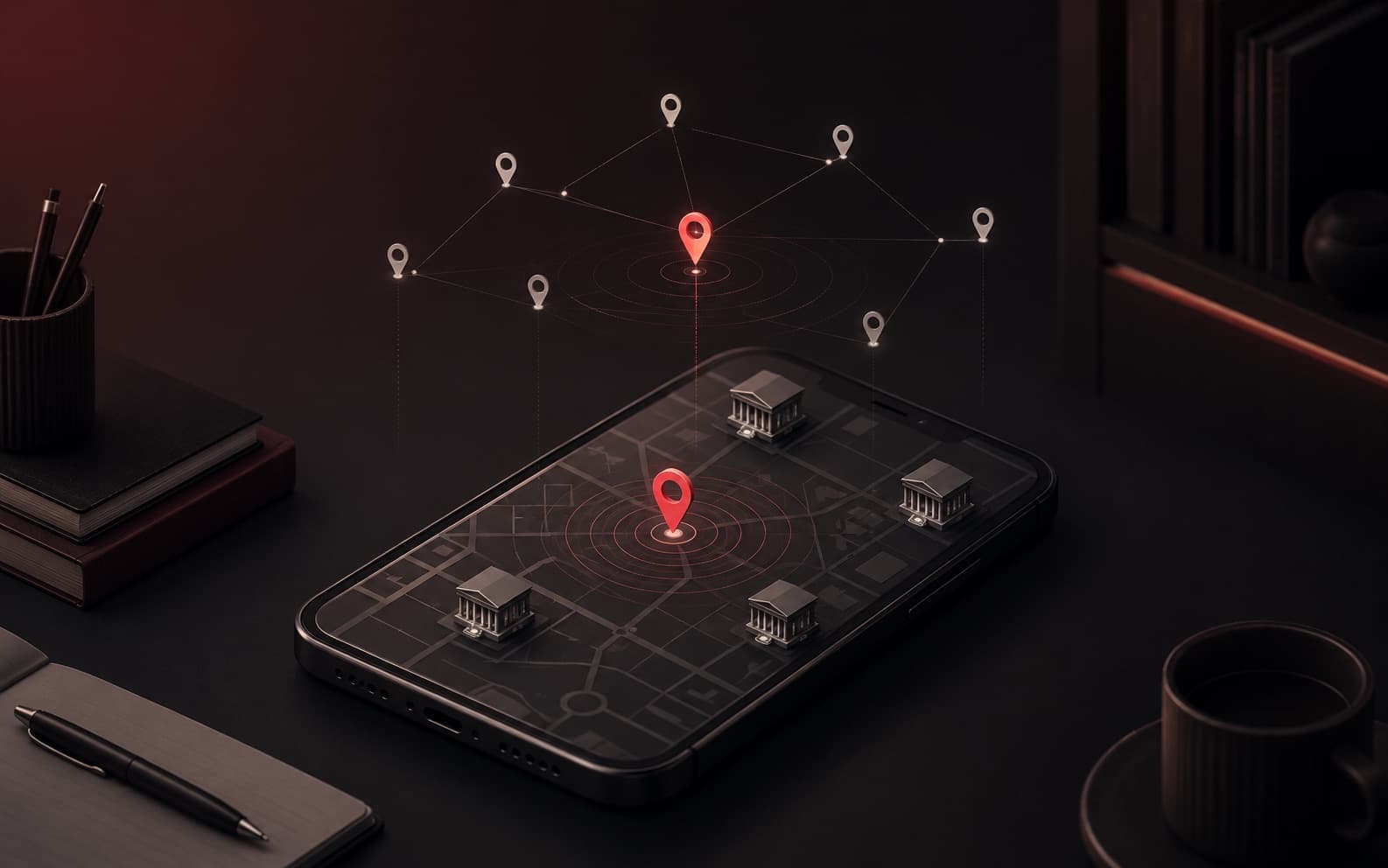 Isometric phone showing a map of nearby study libraries, with location pins floating over a soft search-radius ring.