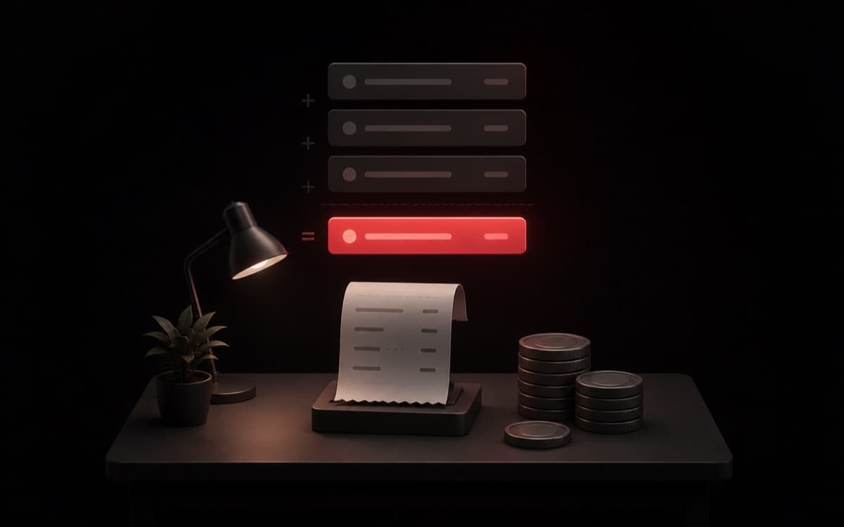 Isometric receipt and coins with a floating billing-breakdown panel resolving to a single total.