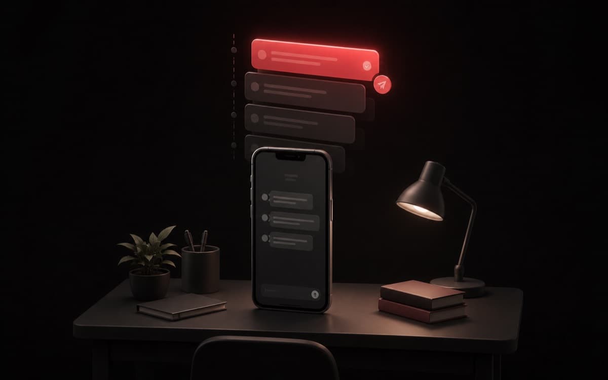 Isometric smartphone on a desk with a floating stack of chat-bubble message cards.