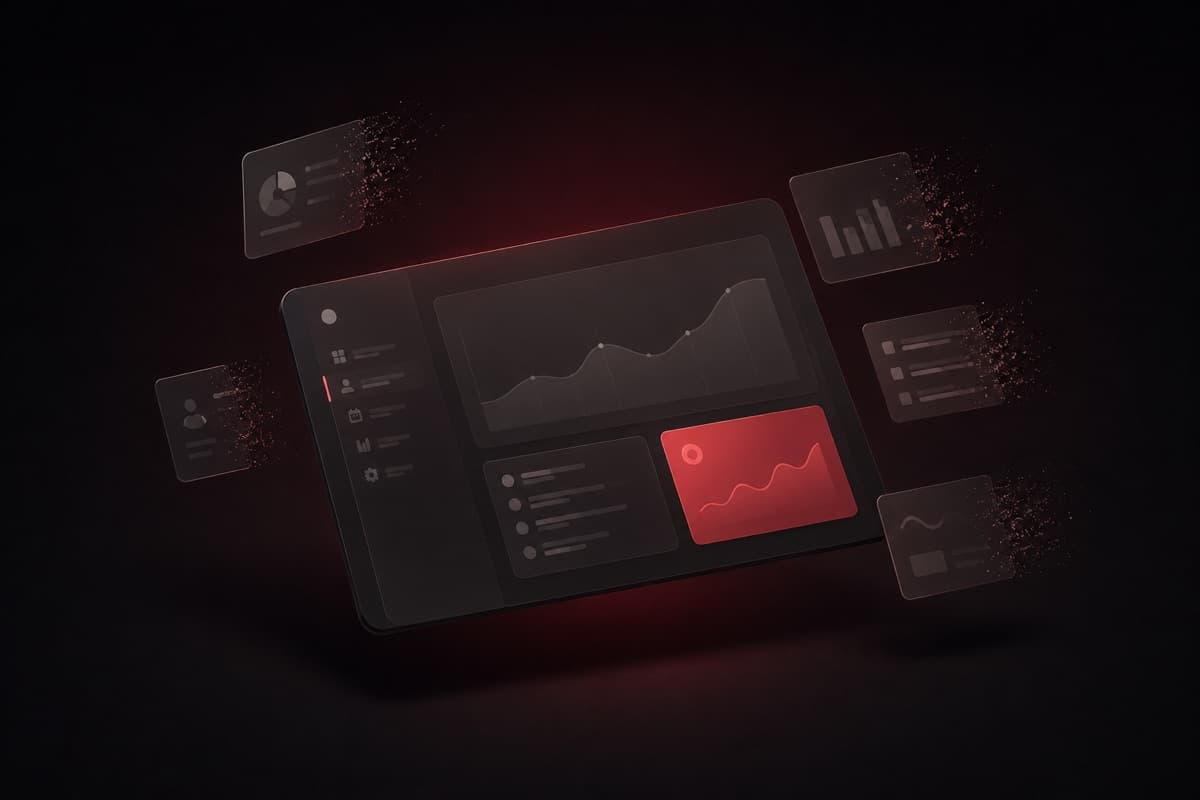 Isometric dashboard screen mid-declutter as widget cards lift away, leaving a few essential panels.