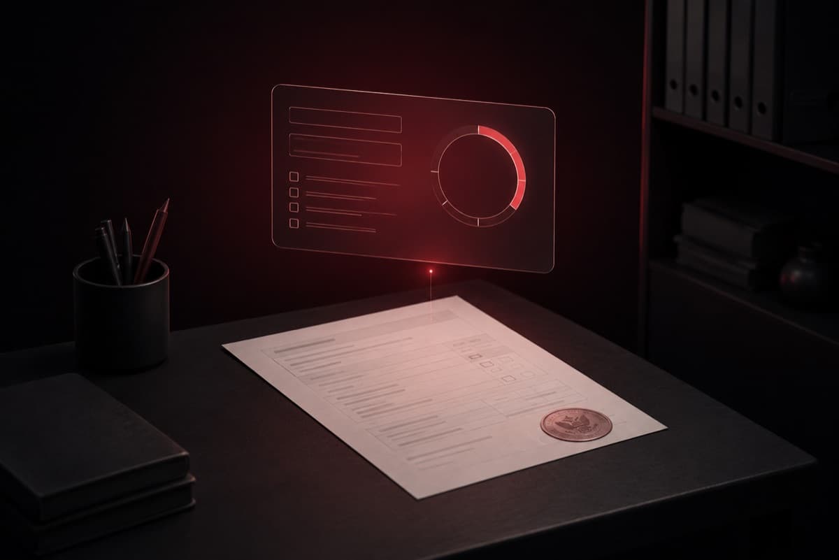 Isometric tax document with a seal and a floating structured form with a percentage dial.