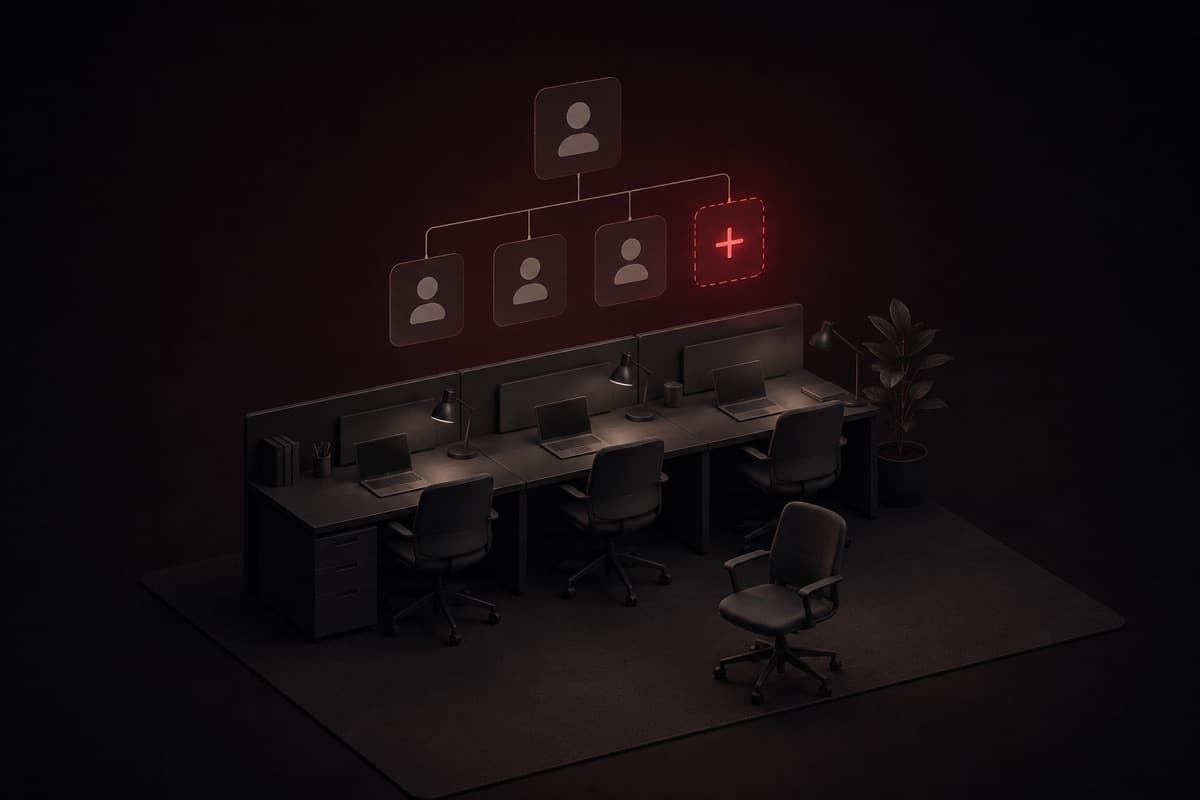 Isometric back-office desk with a new empty chair and a floating team diagram with one open role.