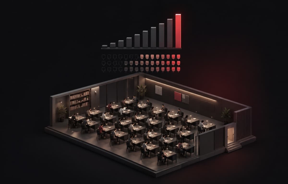 Isometric study hall with desks filling up and a rising occupancy bar chart floating above.