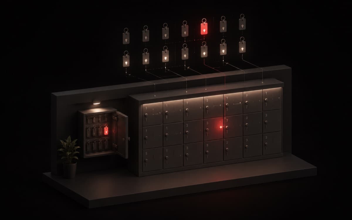 Isometric wall of numbered lockers with a floating key-management board of tagged keys.