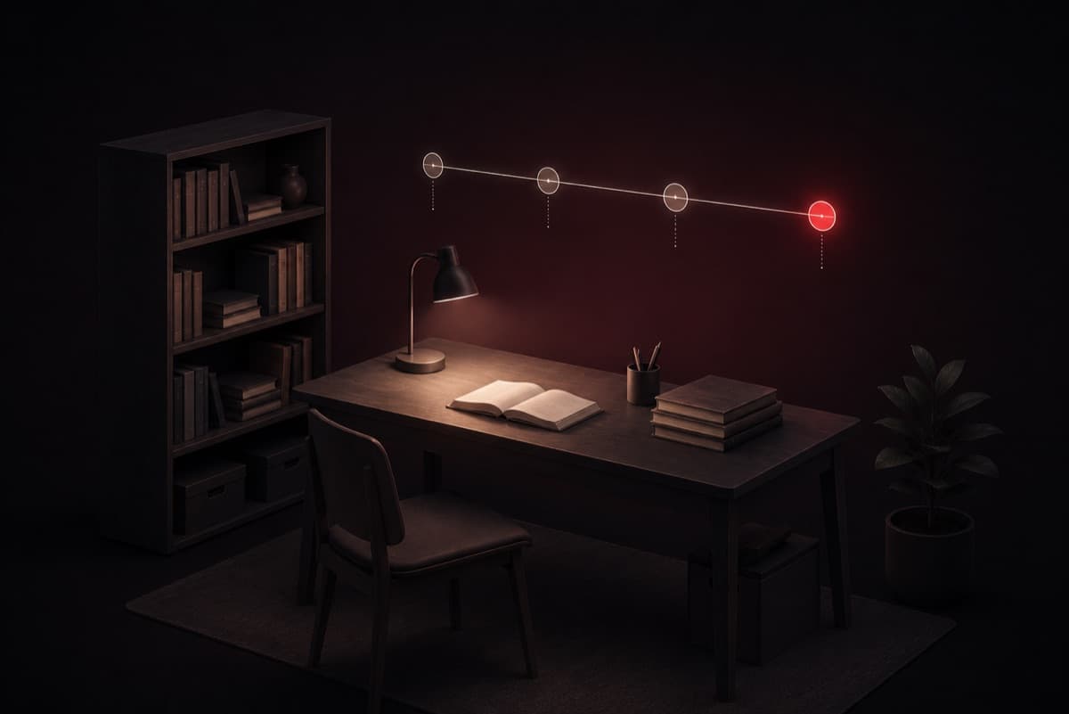 Cozy isometric study-library corner with a floating unbroken four-year retention timeline.