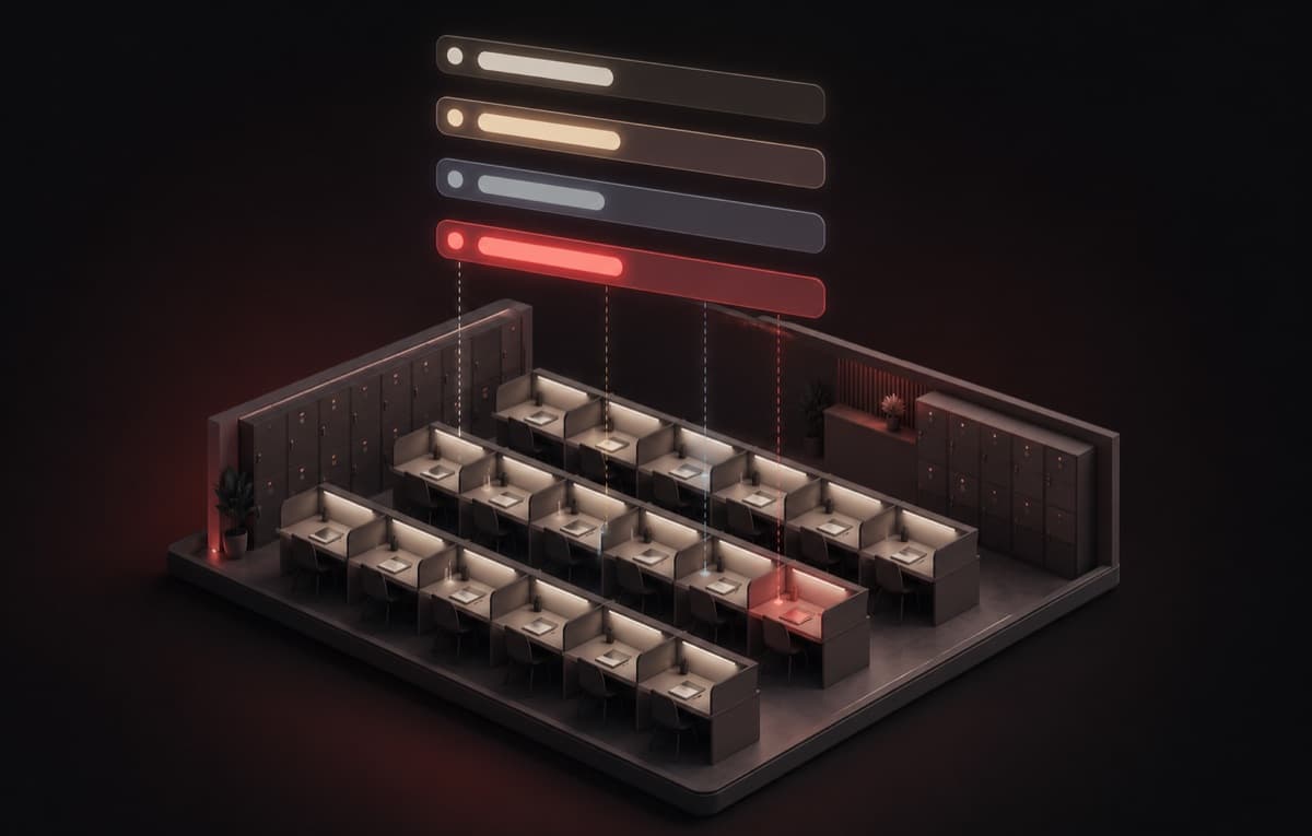 Isometric illustration of study-hall desks with a floating four-block time-slot schedule assigning seats to fixed slots.
