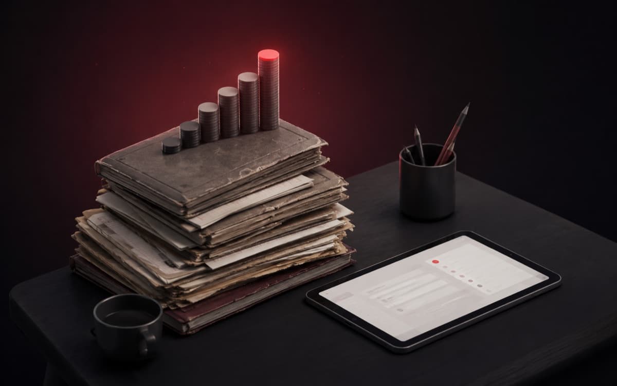 Isometric stack of paper registers beside a tablet, with a floating rising cost meter.