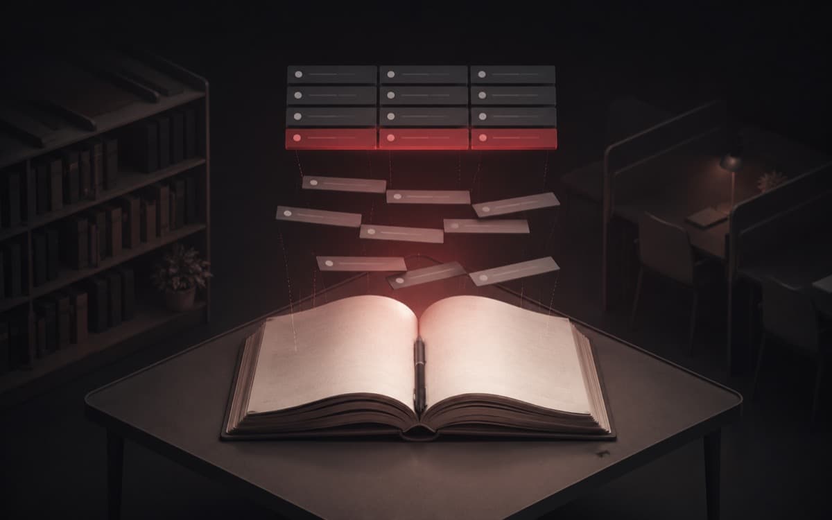 Isometric open ledger book on a study desk, with loose record rows lifting off the page and snapping into an ordered grid of cards.
